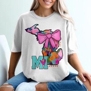 Michigan State Pride T-Shirt, Floral State, MI Love Heart T-Shirt, Home State Tee, Gift For Michigander, Colorful State Bow Shirt