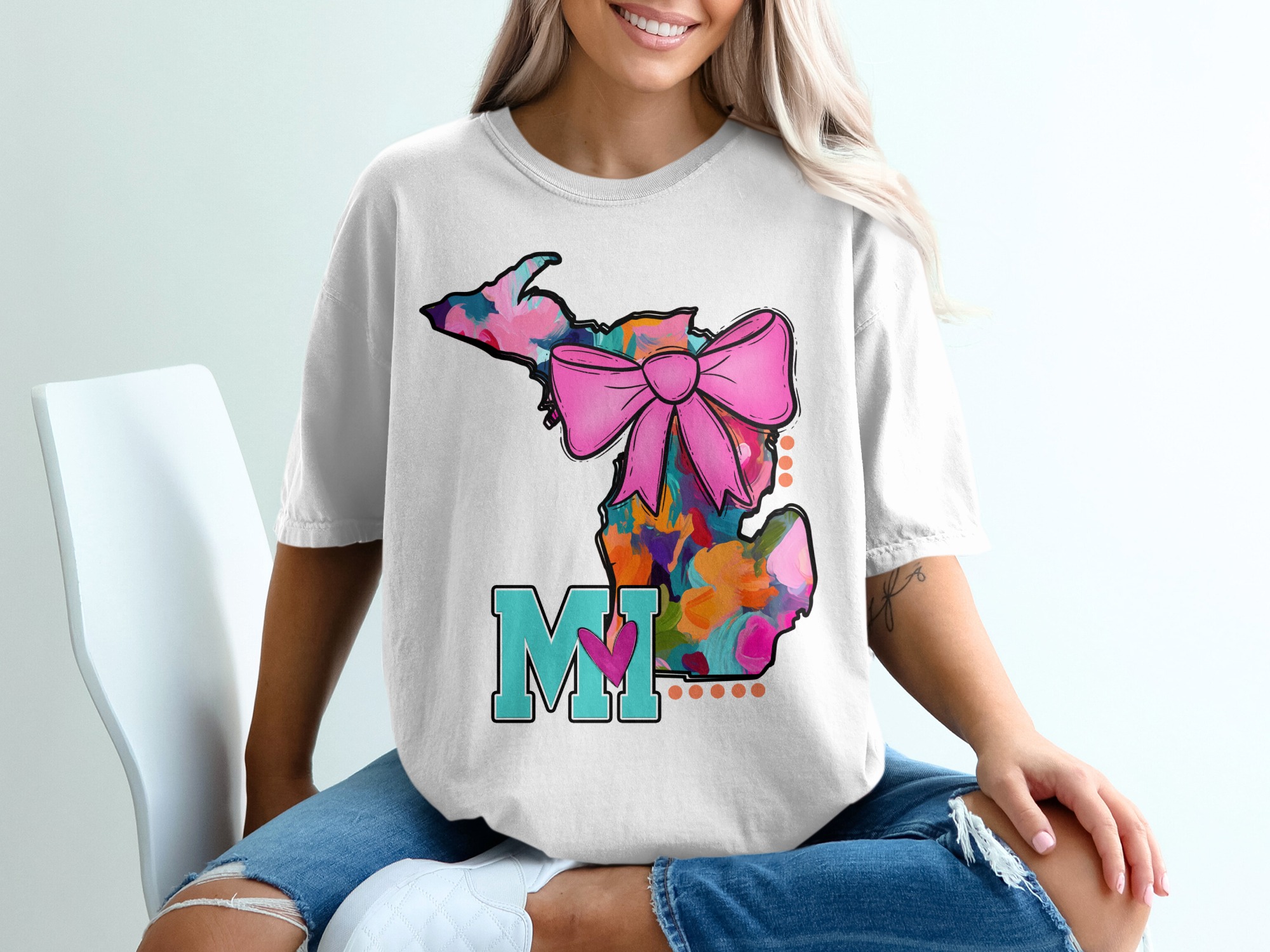 Michigan State Pride T-Shirt, Floral State, MI Love Heart T-Shirt, Home State Tee, Gift For Michigander, Colorful State Bow Shirt