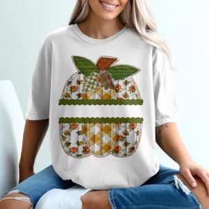 Fall Pumpkin T Shirt, Quilted Pumpkin Design, Autumn Vibes Tee, Thanksgiving Outfit, Floral Pumpkin Patch TShirt, Seasonal T-Shirt