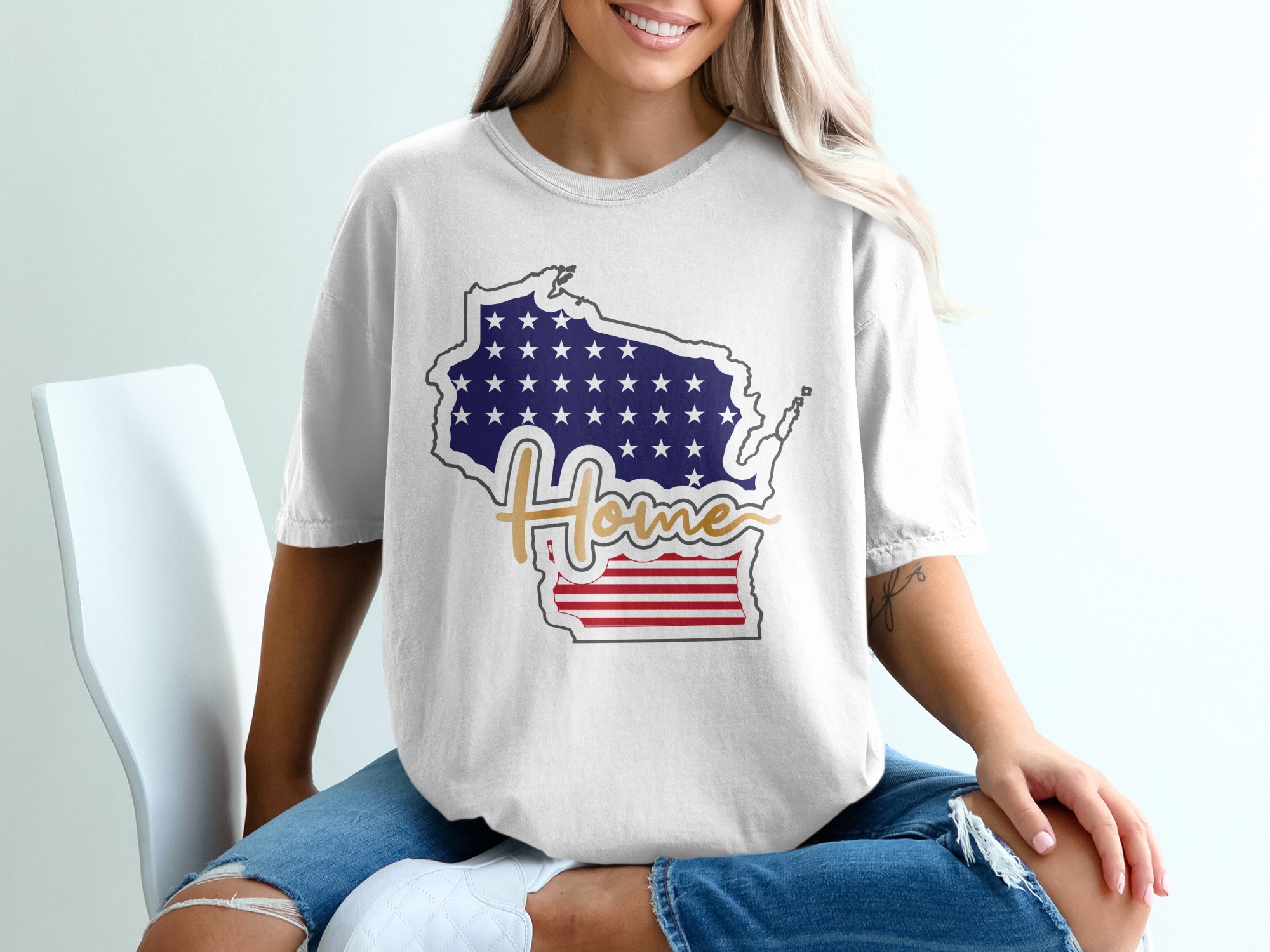 Wisconsin Home T-Shirt, Patriotic State Pride Tee, USA Flag Stars and Stripes, Gift for Wisconsinite, Hometown Love Apparel
