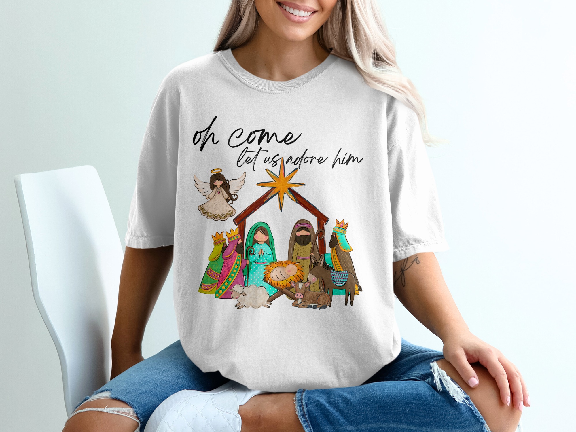 Oh Come Let Us Adore Him, Nativity Scene T-Shirt, Christmas Tee, Holiday Shirt, Religious Gift, Christian Apparel, Baby Jesus Shirt