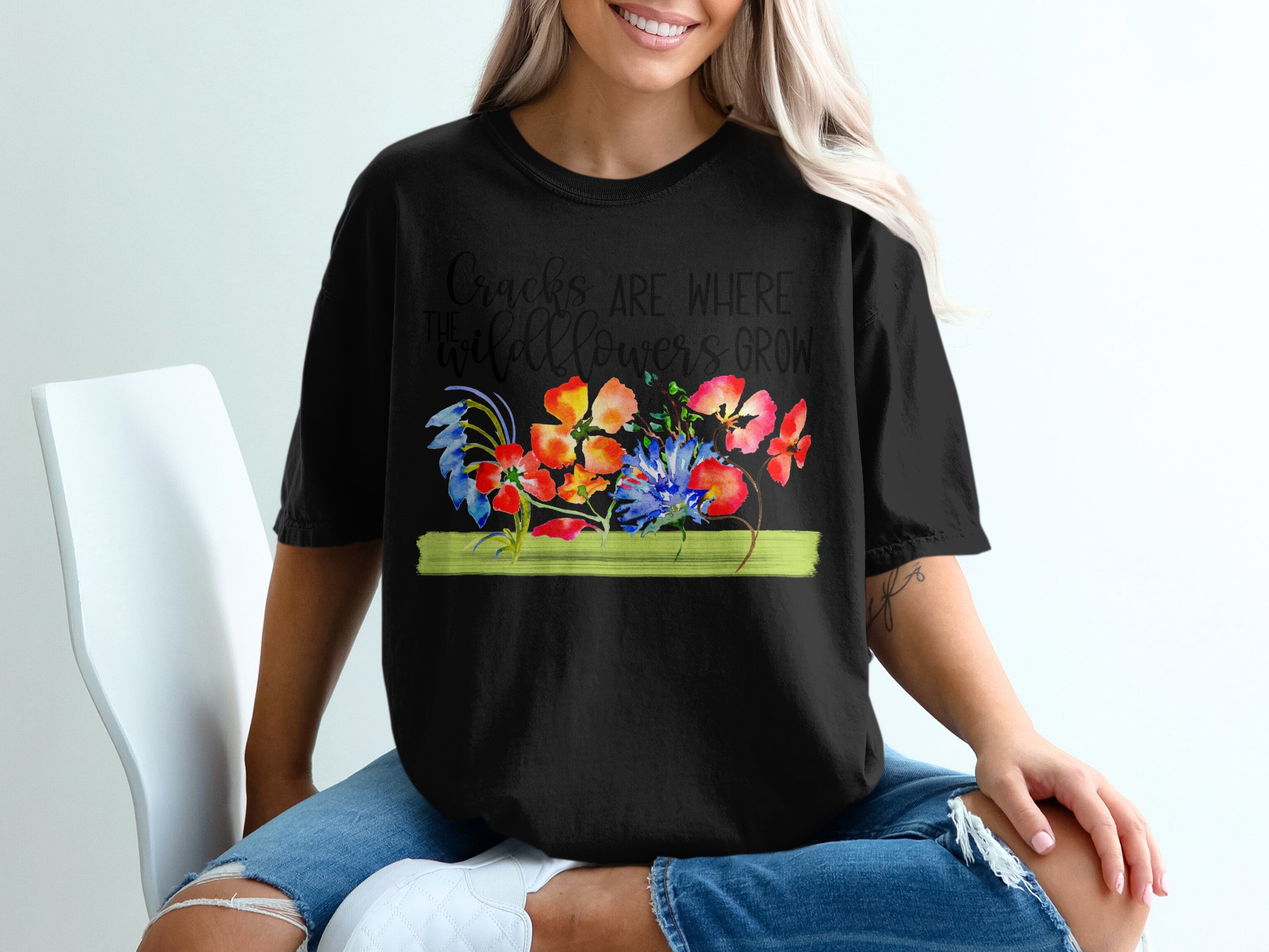 Wildflower T-Shirt, Cracks Are Where Wildflowers Grow, Floral Tee, Positive Quote Shirt, Watercolor Flower Tshirt, Nature Lover Gift - Image 2
