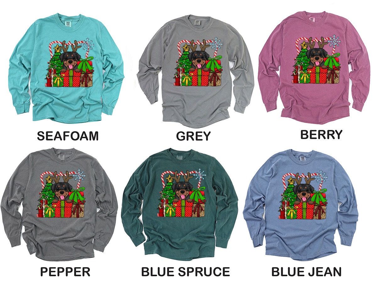 Rottweiler Christmas Long Sleeve T-Shirt, Dog with Antlers Holiday Tee, Festive Gift for Rottweiler Lovers, Christmas Tree Long Sleeve - Image 2