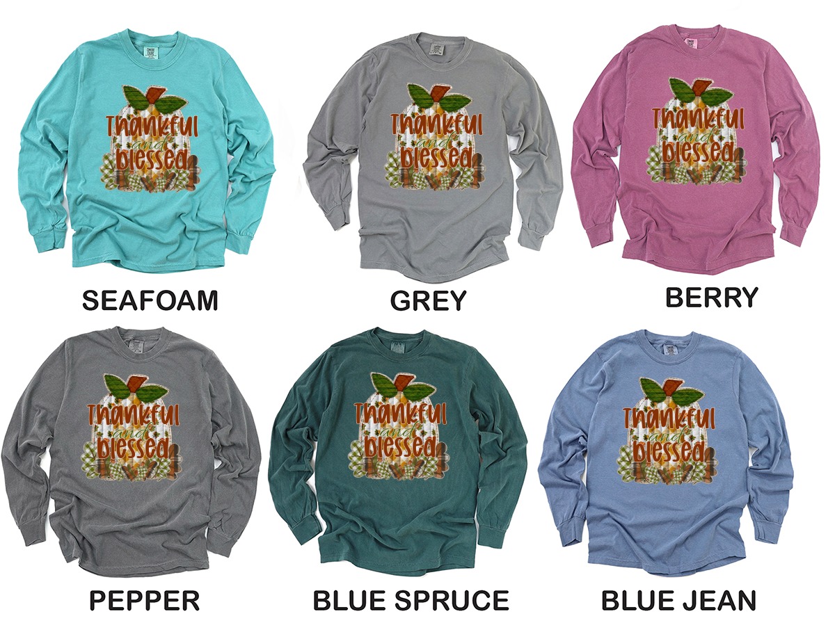 Thankful and Blessed Pumpkin Long Sleeve T-Shirt, Fall Thanksgiving Shirt, Autumn Harvest Tee, Seasonal Shirt, Trendy Shirt - Image 3