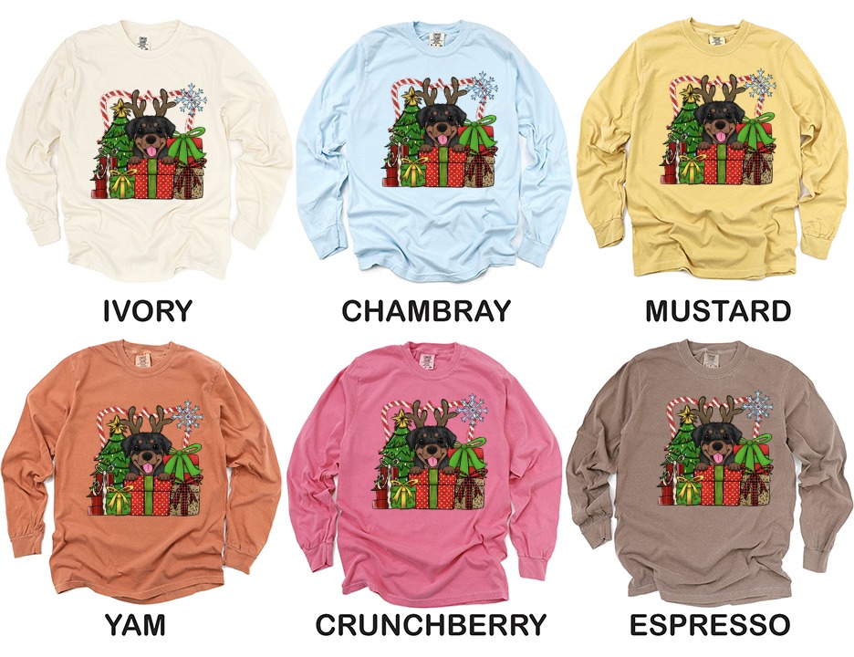 Rottweiler Christmas Long Sleeve T-Shirt, Dog with Antlers Holiday Tee, Festive Gift for Rottweiler Lovers, Christmas Tree Long Sleeve - Image 3