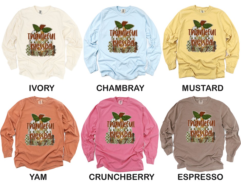 Thankful and Blessed Pumpkin Long Sleeve T-Shirt, Fall Thanksgiving Shirt, Autumn Harvest Tee, Seasonal Shirt, Trendy Shirt - Image 4