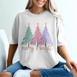 Merry and Bright Christmas T-Shirt, Pastel Holiday Trees Tee, Festive Season Apparel, Winter Outfit, Gift Idea for Christmas Lovers
