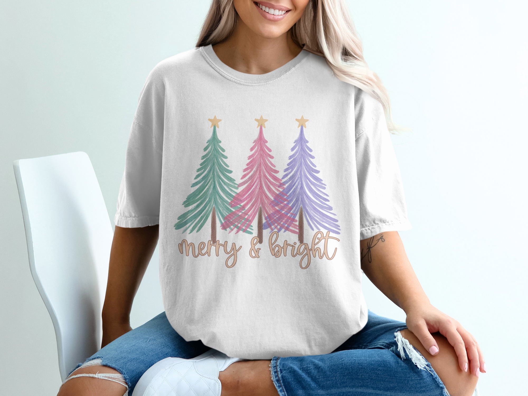 Merry and Bright Christmas T-Shirt, Pastel Holiday Trees Tee, Festive Season Apparel, Winter Outfit, Gift Idea for Christmas Lovers