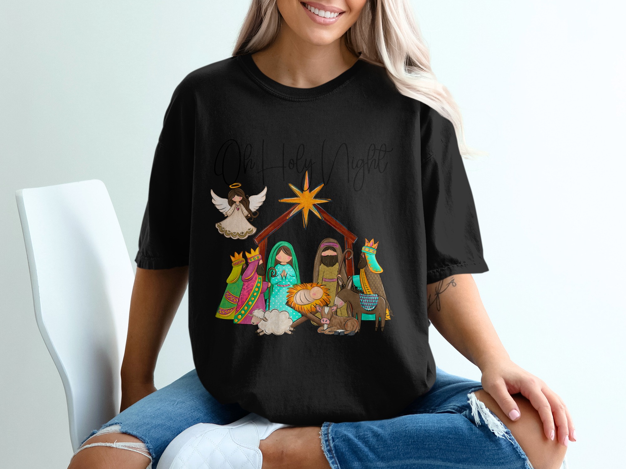 Oh Holy Night T-Shirt, Nativity Scene Tee, Christmas T-Shirt, Christian Gift, Religious Shirt, Holiday Apparel, Jesus Christ Shirt - Image 2