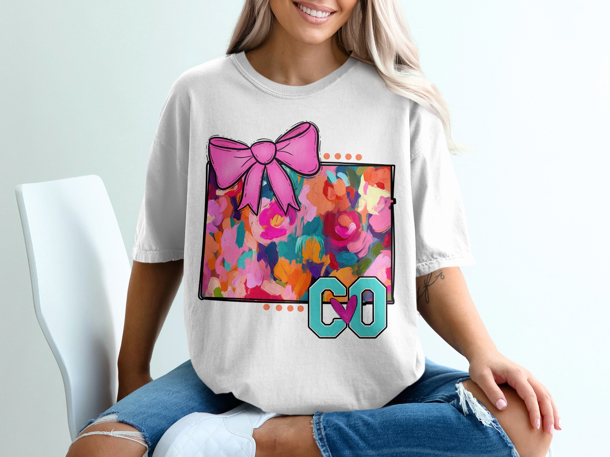 Floral T-Shirt, Bow Shirt, Colorful Flowers Tee, Cute Pink Bow, Abstract Art, Stylish TShirt, Trendy Tee, Gift Idea, Birthday Gift