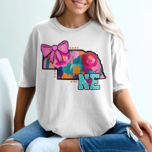 Nebraska T-Shirt, Cute State Pride Shirt, Floral Nebraska Tee, Nebraska Bow Design, Colorful NE Gift, State Heart Tee, Nebraska TShirt