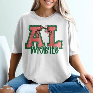 PERSONALIZED AL Mobile T-Shirt, Alabama Christmas Tee, Festive State Shirt, Red Green Bow Design, Stitched Lettering, Holiday Spirit