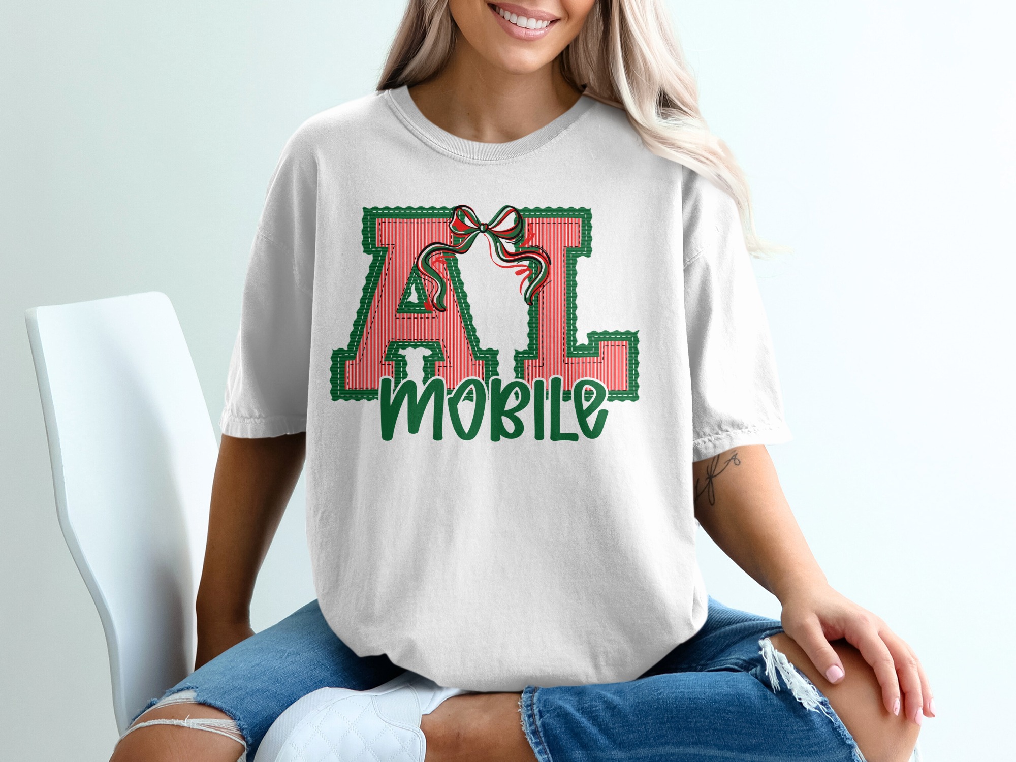 PERSONALIZED AL Mobile T-Shirt, Alabama Christmas Tee, Festive State Shirt, Red Green Bow Design, Stitched Lettering, Holiday Spirit