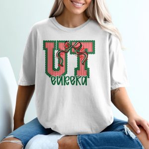 PERSONALIZED Utah Eureka Christmas T-Shirt, Festive Red Green Bow Applique Tee, Holiday Stitched Collegiate Style Top, Unique Gift Idea