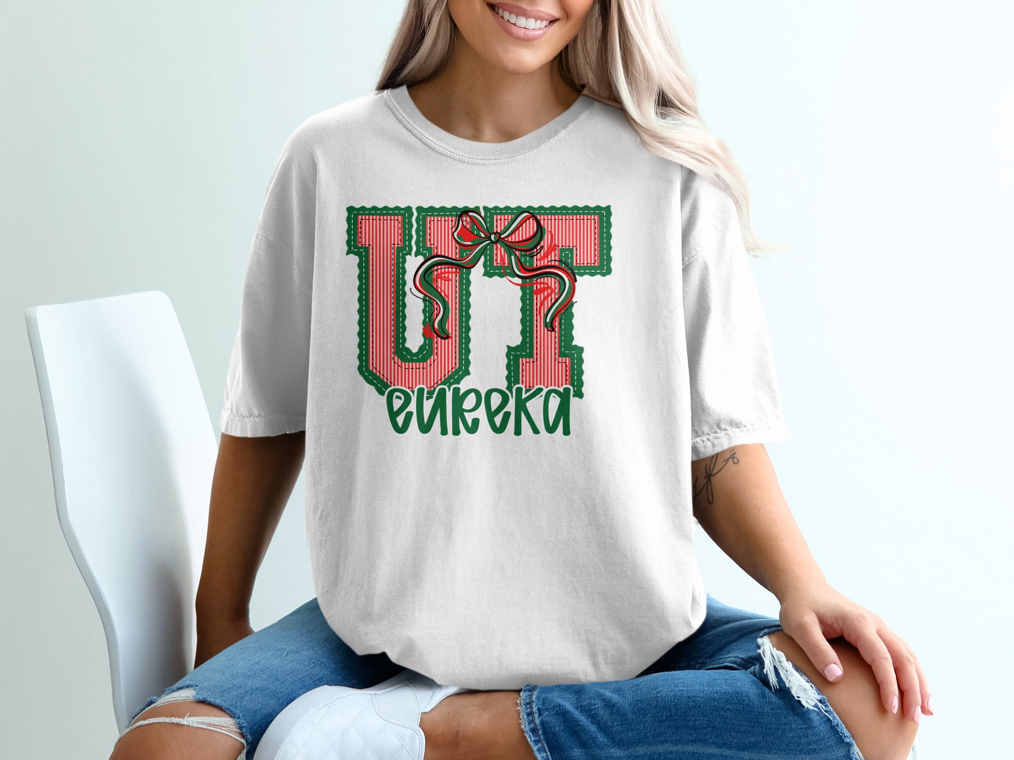 PERSONALIZED Utah Eureka Christmas T-Shirt, Festive Red Green Bow Applique Tee, Holiday Stitched Collegiate Style Top, Unique Gift Idea