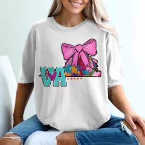 Virginia State T-Shirt, VA with Pink Bow, Colorful State Pride, Gift for Virginians, Cute State Graphic Tee, Hometown Shirt
