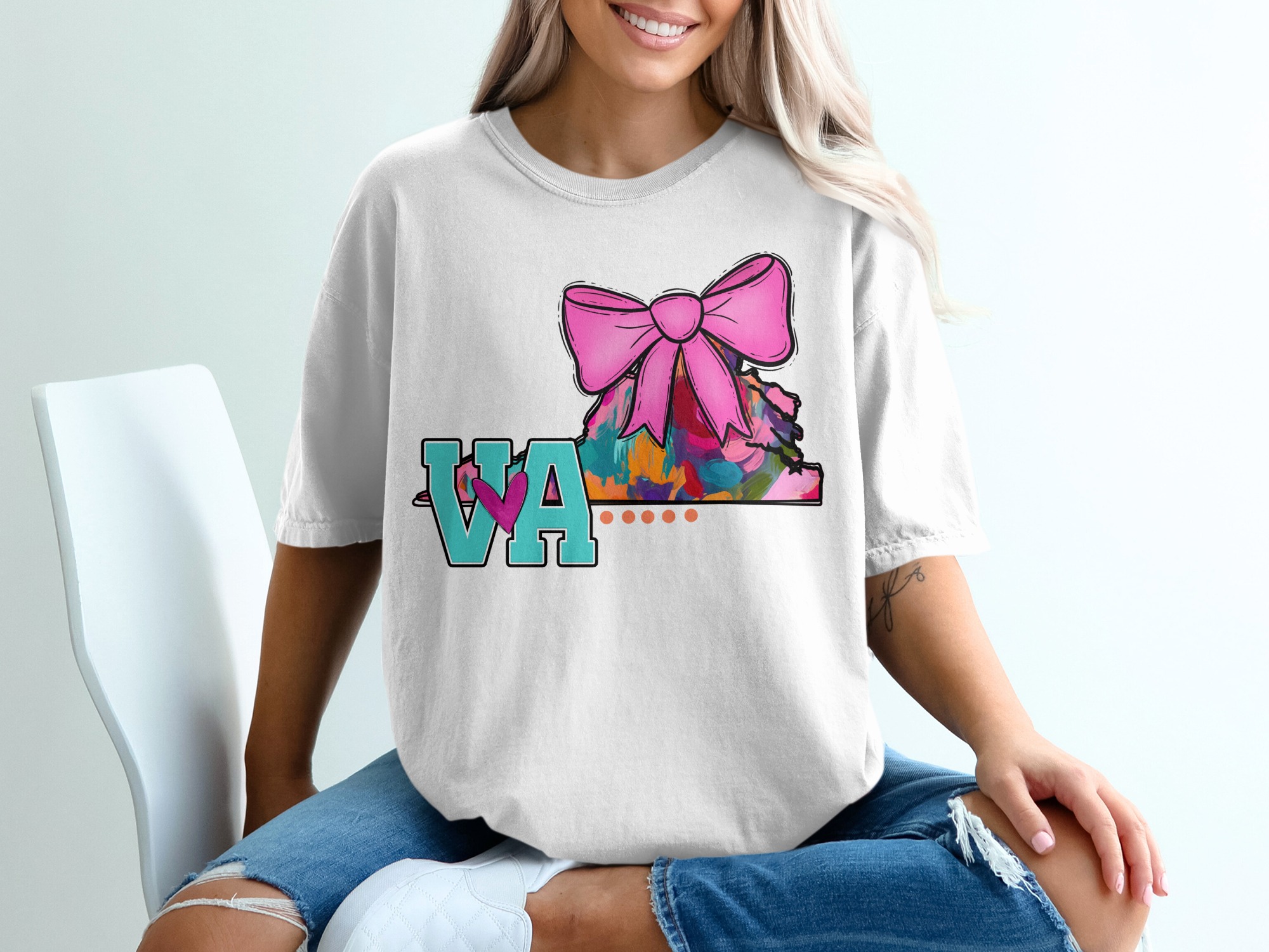 Virginia State T-Shirt, VA with Pink Bow, Colorful State Pride, Gift for Virginians, Cute State Graphic Tee, Hometown Shirt