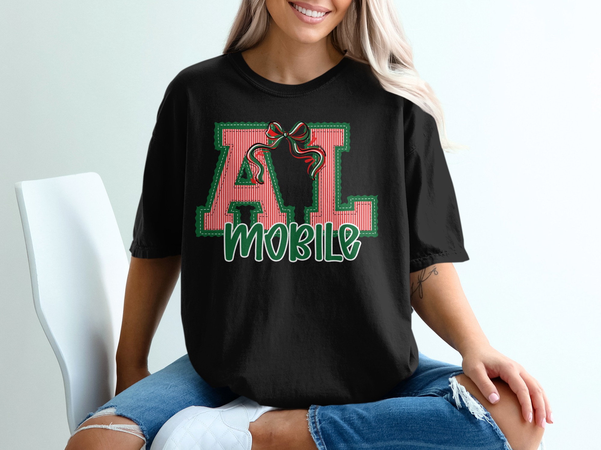 PERSONALIZED AL Mobile T-Shirt, Alabama Christmas Tee, Festive State Shirt, Red Green Bow Design, Stitched Lettering, Holiday Spirit - Image 2