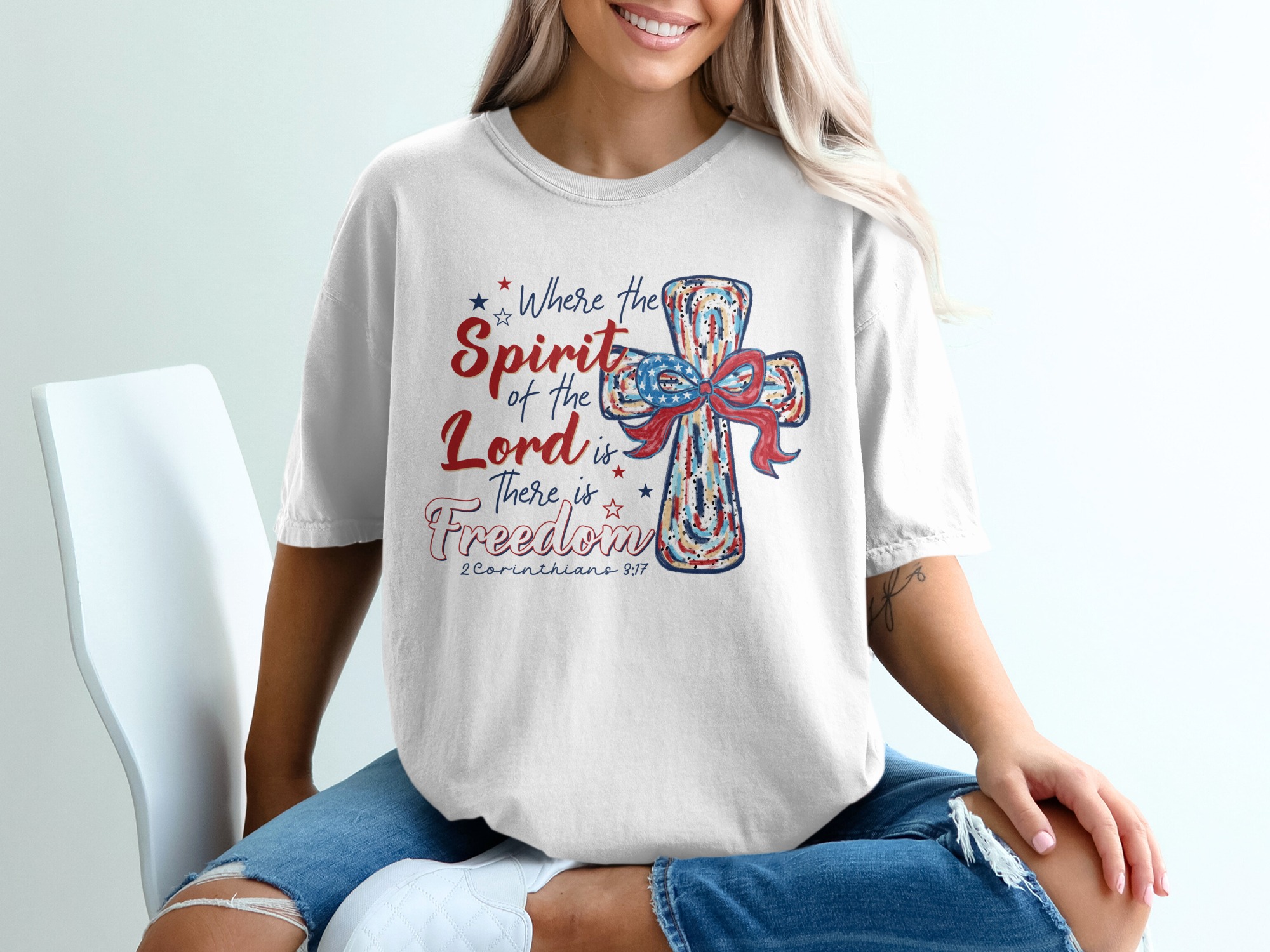 Patriotic Christian T-Shirt, Spirit of Lord Freedom Tee, Religious USA Flag Cross T Shirt, Bible Verse T Shirt, Unisex Graphic Tee