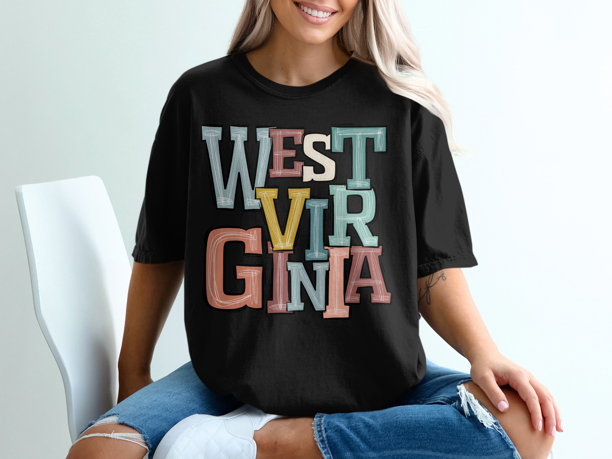 West Virginia Colorful Lettering Design Graphic T-Shirt - Image 2