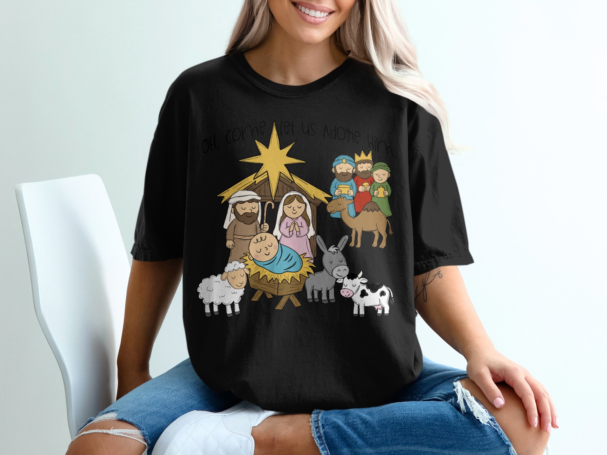 Oh Come Let Us Adore Him T-Shirt, Nativity Scene Tee, Christmas T Shirt, Holiday Shirt, Religious Tee, Baby Jesus Shirt, Cute Christmas - Image 2