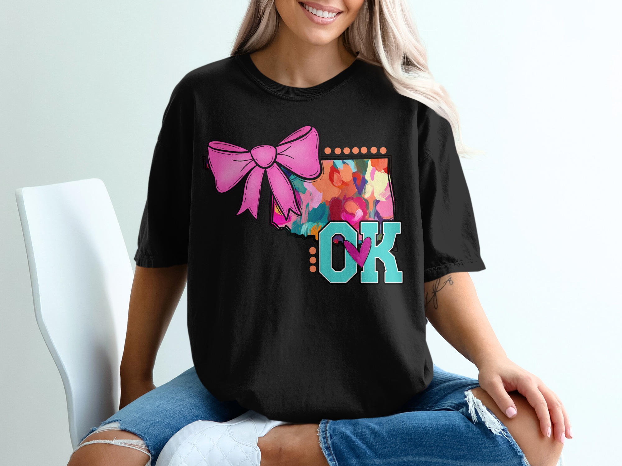 Oklahoma T-Shirt, OK State Pride, Bow, Colorful Design, Graphic Tee, Gift for Oklahoman, Trendy Shirt, Oklahoma Lover T-Shirt, Cute T-Shirt - Image 2