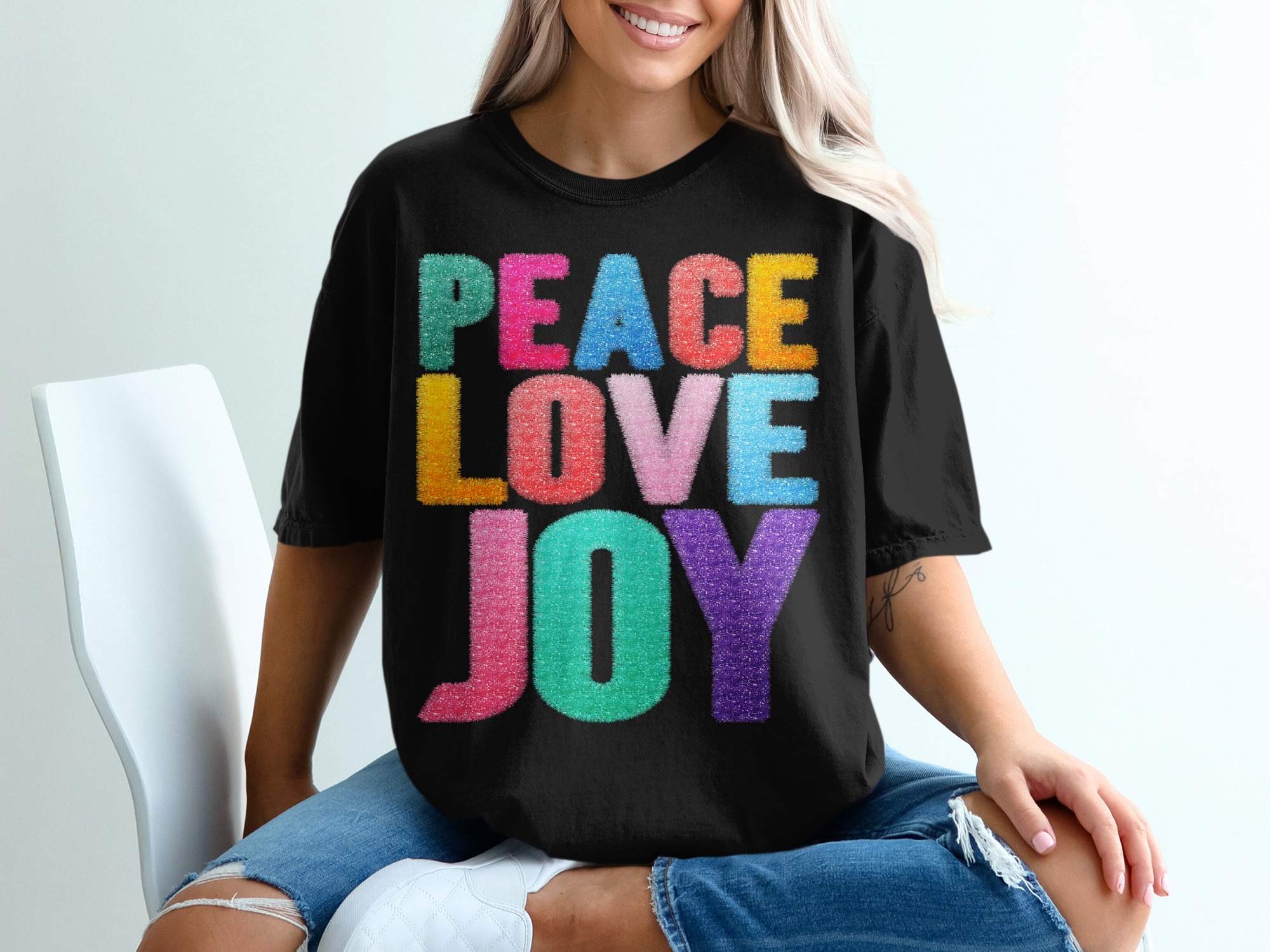 Peace Love Joy T-Shirt, Positive Vibes, Colorful Graphic Tee, Inspirational Shirt, Good Vibes T-Shirt, Gift Idea for Her, Uplifting Design - Image 2