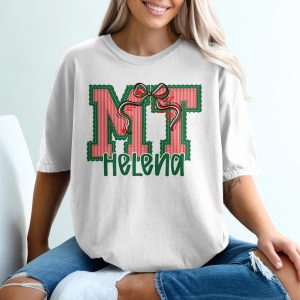 PERSONALIZED MT Helena Christmas T-Shirt, Custom Monogram Letter, Holiday Applique Design, Red Green Stripe Name Tee