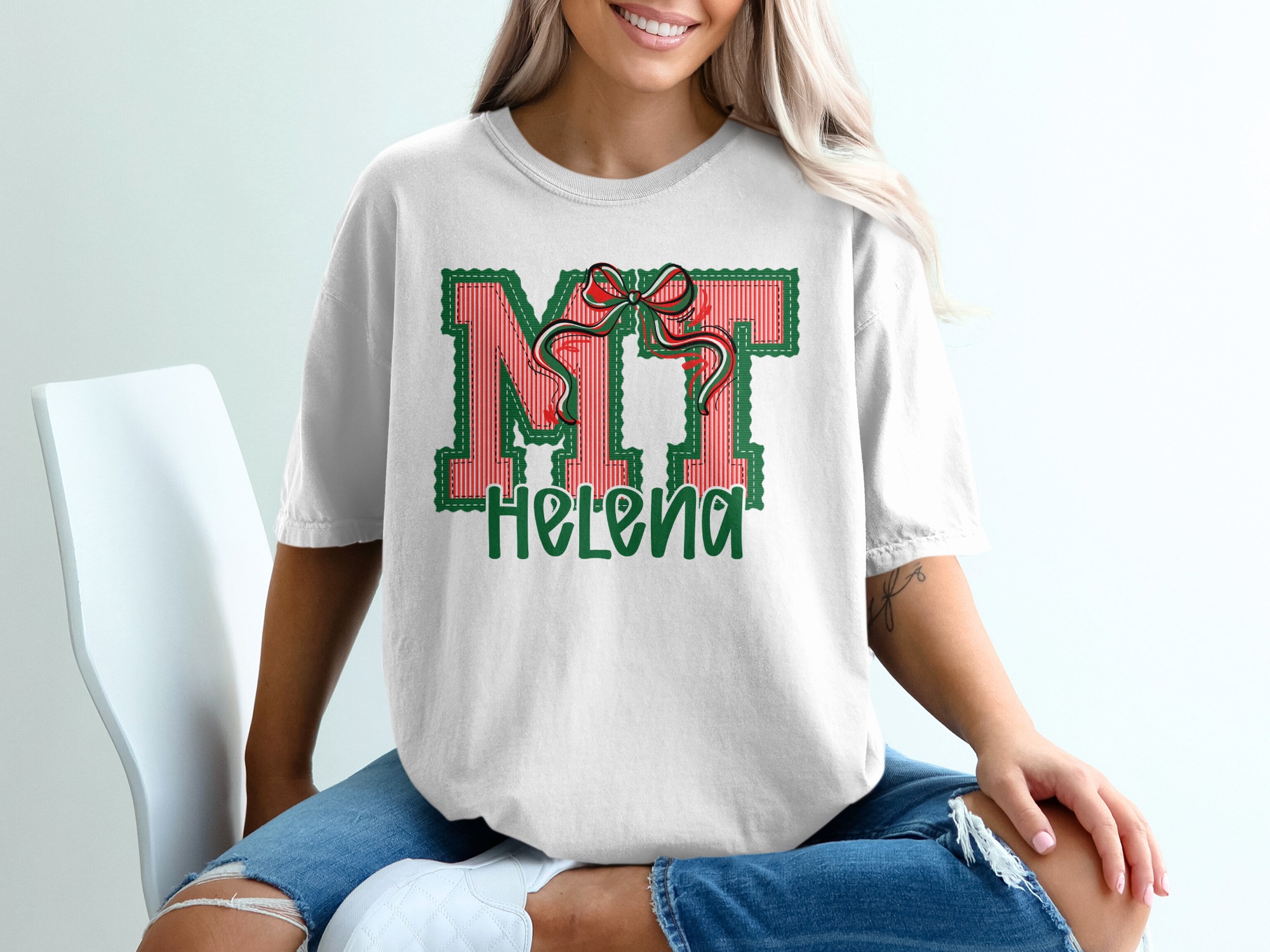 PERSONALIZED MT Helena Christmas T-Shirt, Custom Monogram Letter, Holiday Applique Design, Red Green Stripe Name Tee
