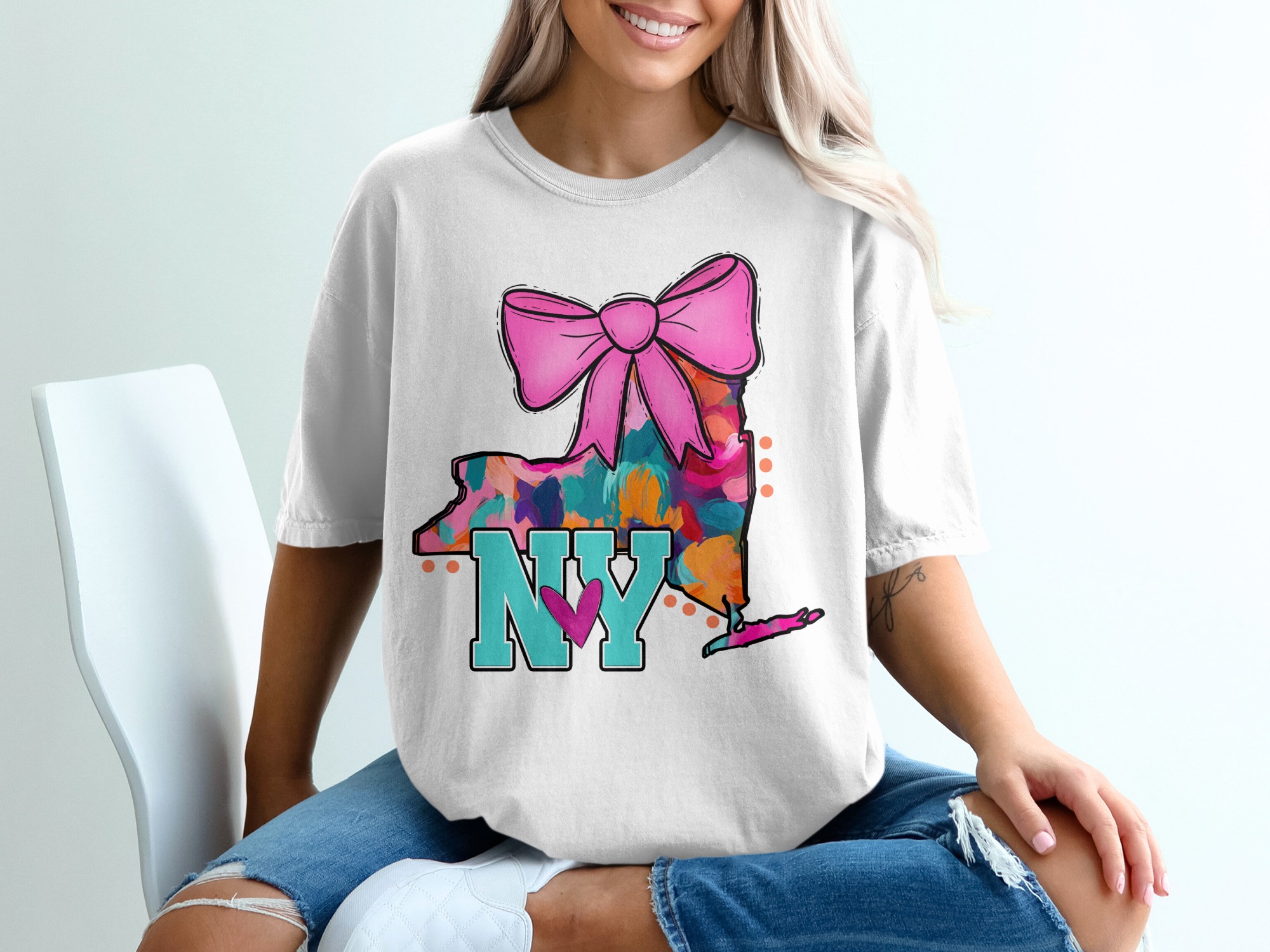 New York Bow T Shirt, ny State Tee, Colorful usa Map, State Pride Gift, Souvenir Tee, ny Lover Shirt, Travel ny T-Shirt