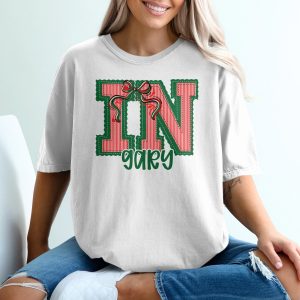 PERSONALIZED Indiana Christmas Name T-Shirt, Custom Initial Quilted Design, Holiday Gift Tee, Monogram with Bow, Festive Seasonal Apparel