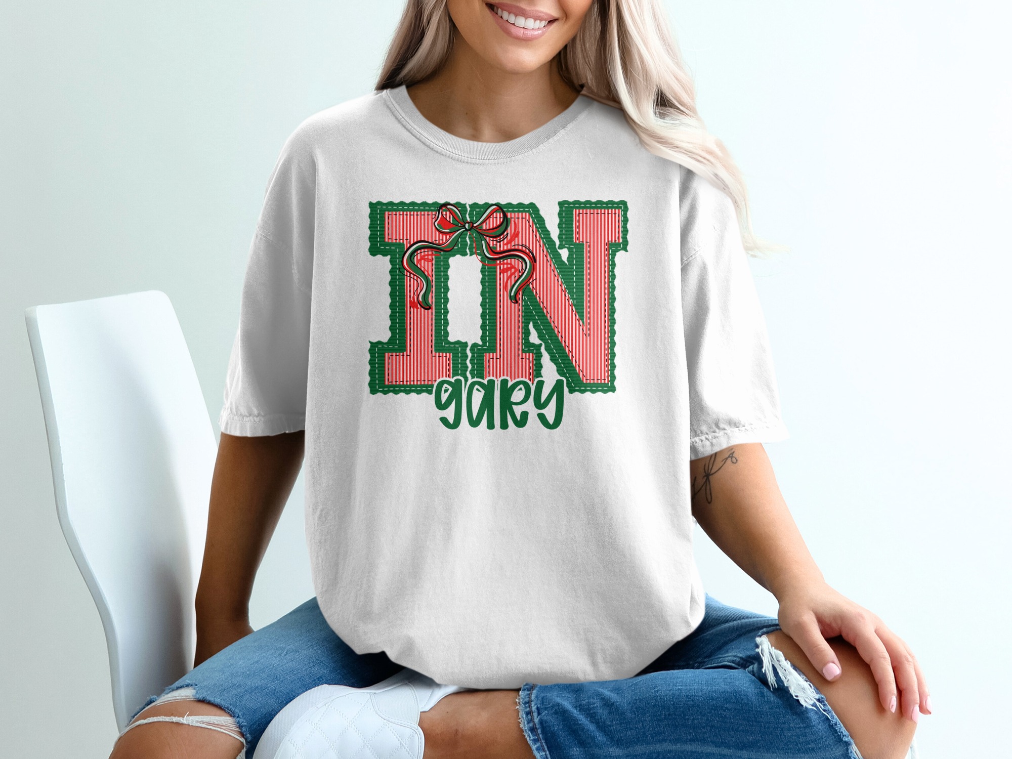 PERSONALIZED Indiana Christmas Name T-Shirt, Custom Initial Quilted Design, Holiday Gift Tee, Monogram with Bow, Festive Seasonal Apparel