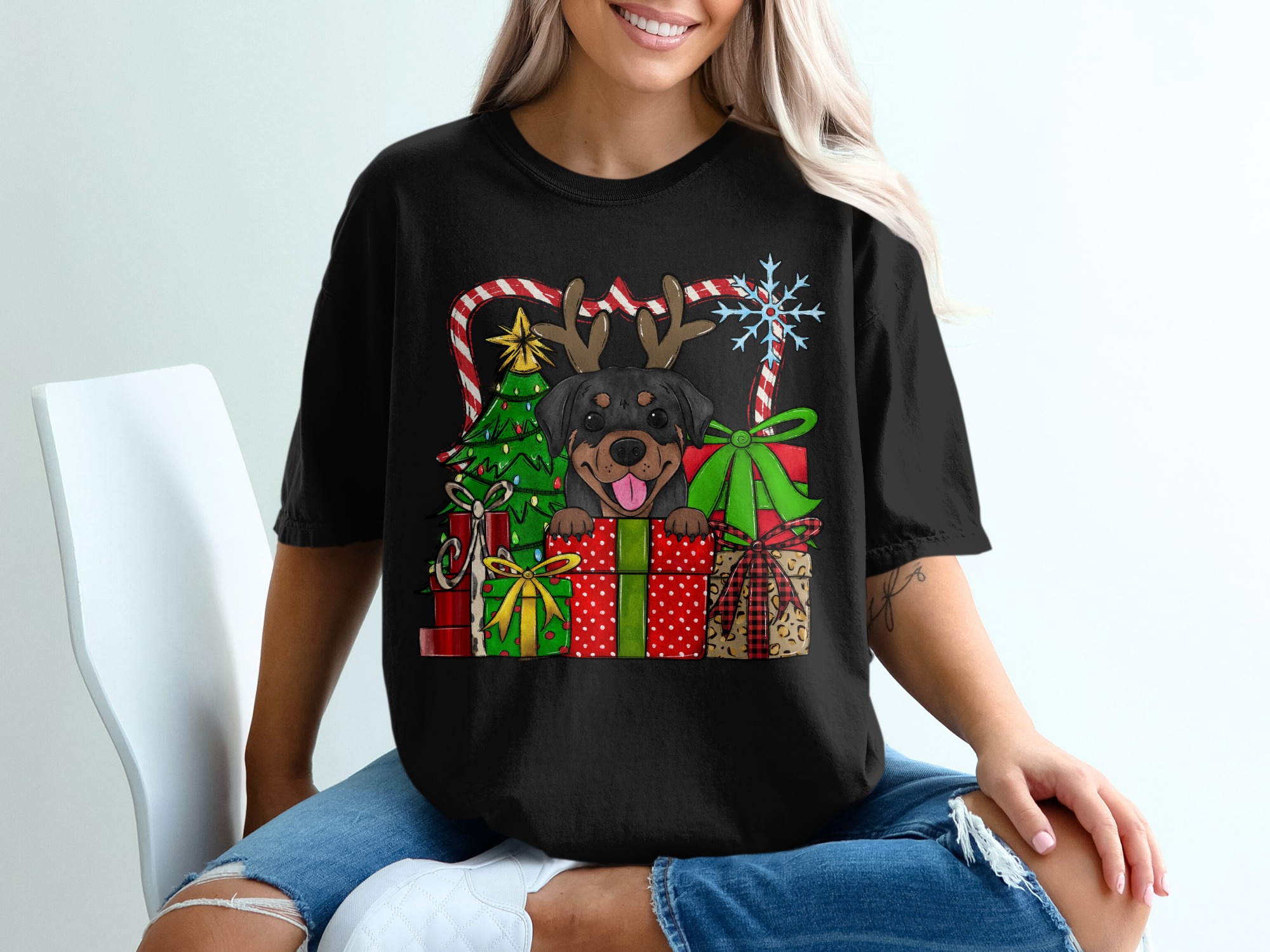 Christmas Rottweiler Reindeer T Shirt, Cute Dog Gift, Holiday Presents, Christmas Tree, Festive Cheer, Dog Lover Tee, Holiday Rottie