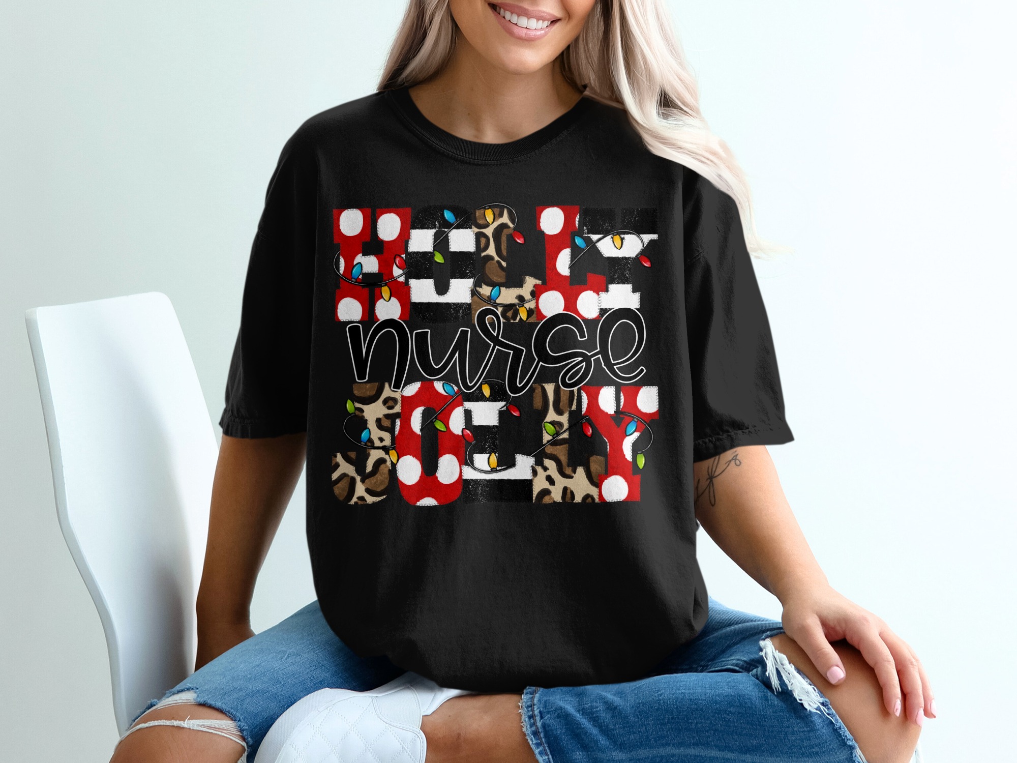 Holy Nurse Joy Christmas Lights T-Shirt, Holiday Season Nurse Tee, Christmas Nurse Shirt, Cute Nurse Shirt, Leopard Print, Trendy T-Shirt - Image 2