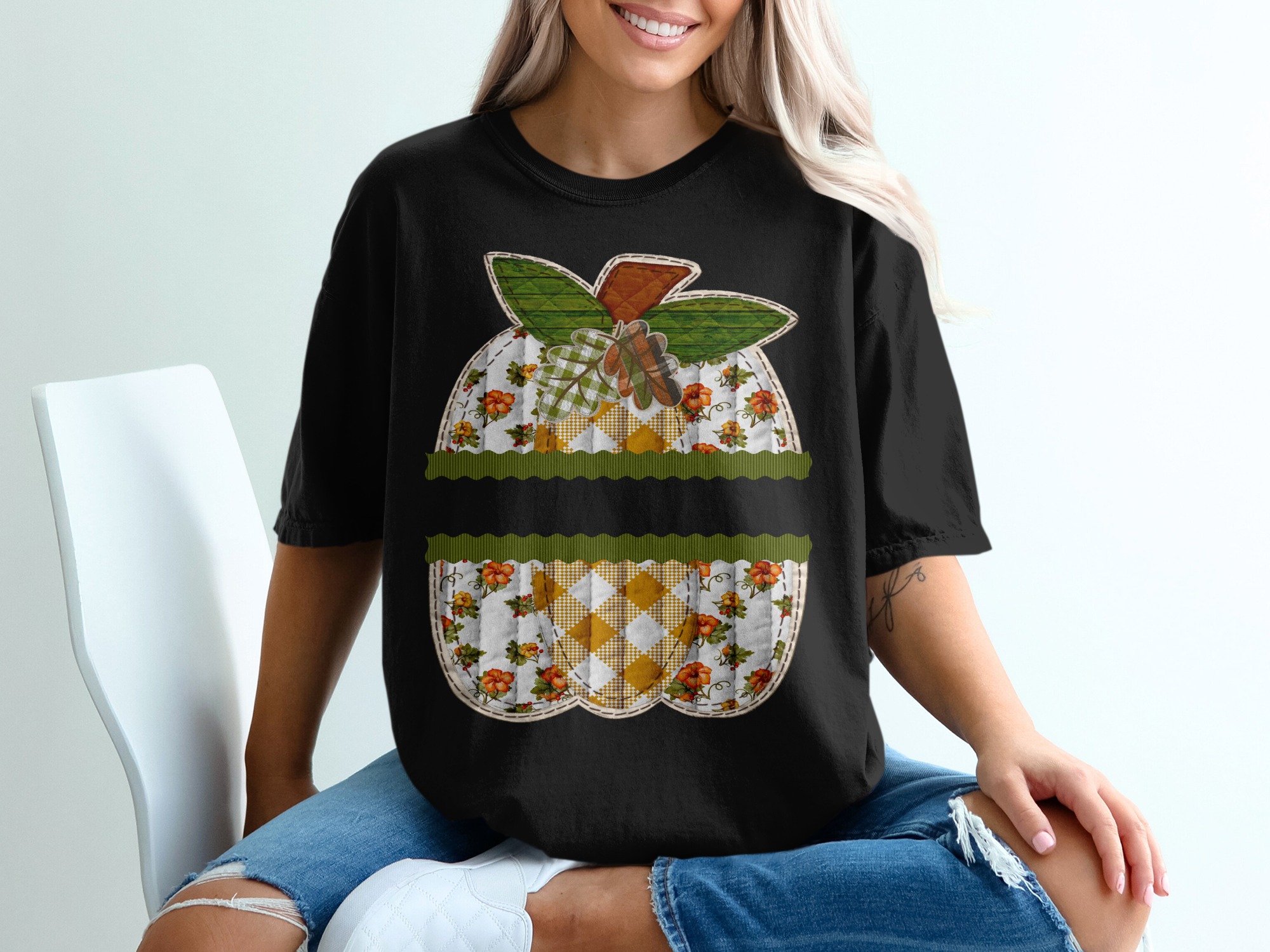 Fall Pumpkin T Shirt, Quilted Pumpkin Design, Autumn Vibes Tee, Thanksgiving Outfit, Floral Pumpkin Patch TShirt, Seasonal T-Shirt - Image 2
