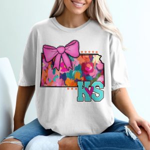 Kansas T-Shirt, State Pride Apparel, Bow Tee, KS Heart Shirt, Colorful Graphic T Shirt, Kansas Gift, T-Shirt for Kansans, State Love Tee