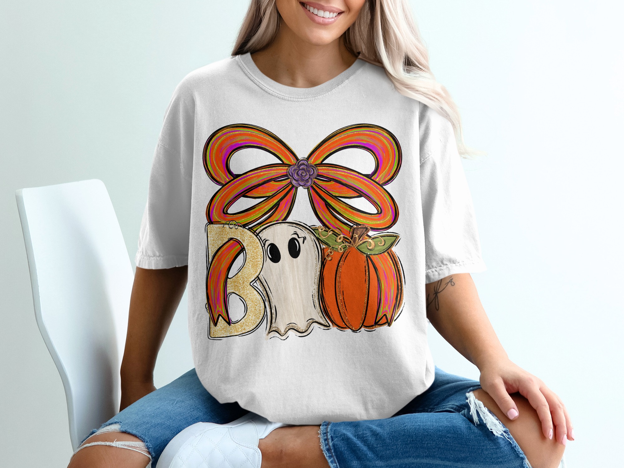 Boo T-Shirt, Halloween Shirt, Spooky Season Tee, Cute Ghost T Shirt, Pumpkin Shirt, Ribbon Bow Tee, Autumn Shirt, Fall Vibes Top