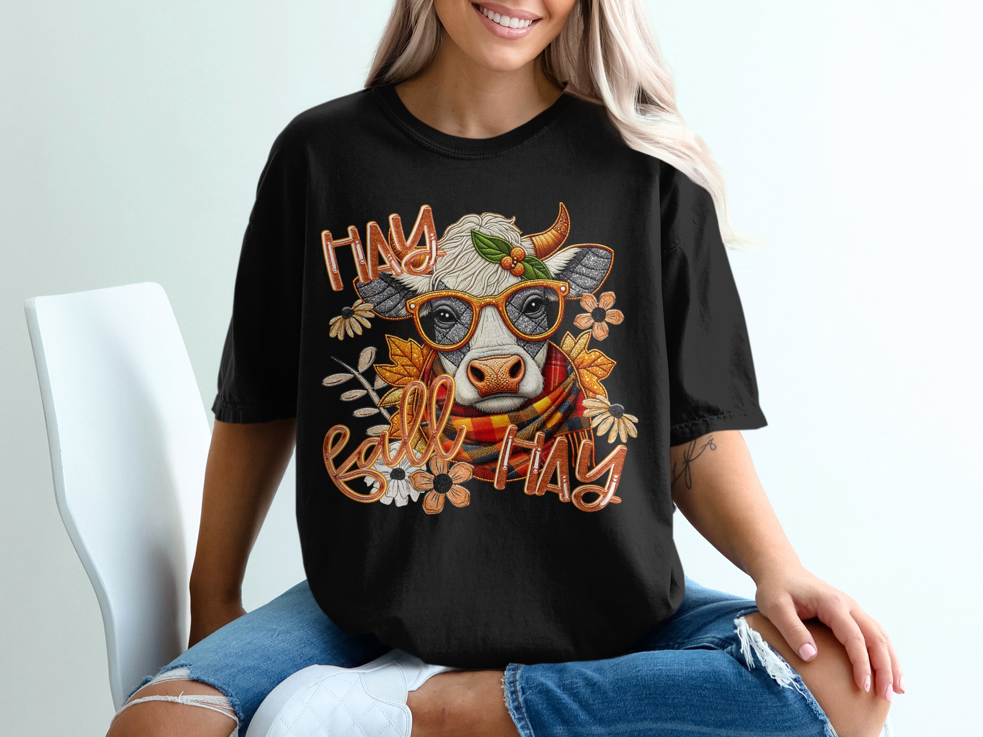 Fall Hay Cow T-Shirt, Autumn Farm Tee, Cute Animal Shirt, Floral Cow Lover Gift, Thanksgiving Shirt, Unique Fall Design, Trendy Cow Shirt - Image 2