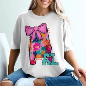 Alabama T-Shirt, Floral State Art, Bow Design Shirt, Southern Pride Tee, Alabama Gift Idea, State Pride Shirt, Colorful Alabama Shirt