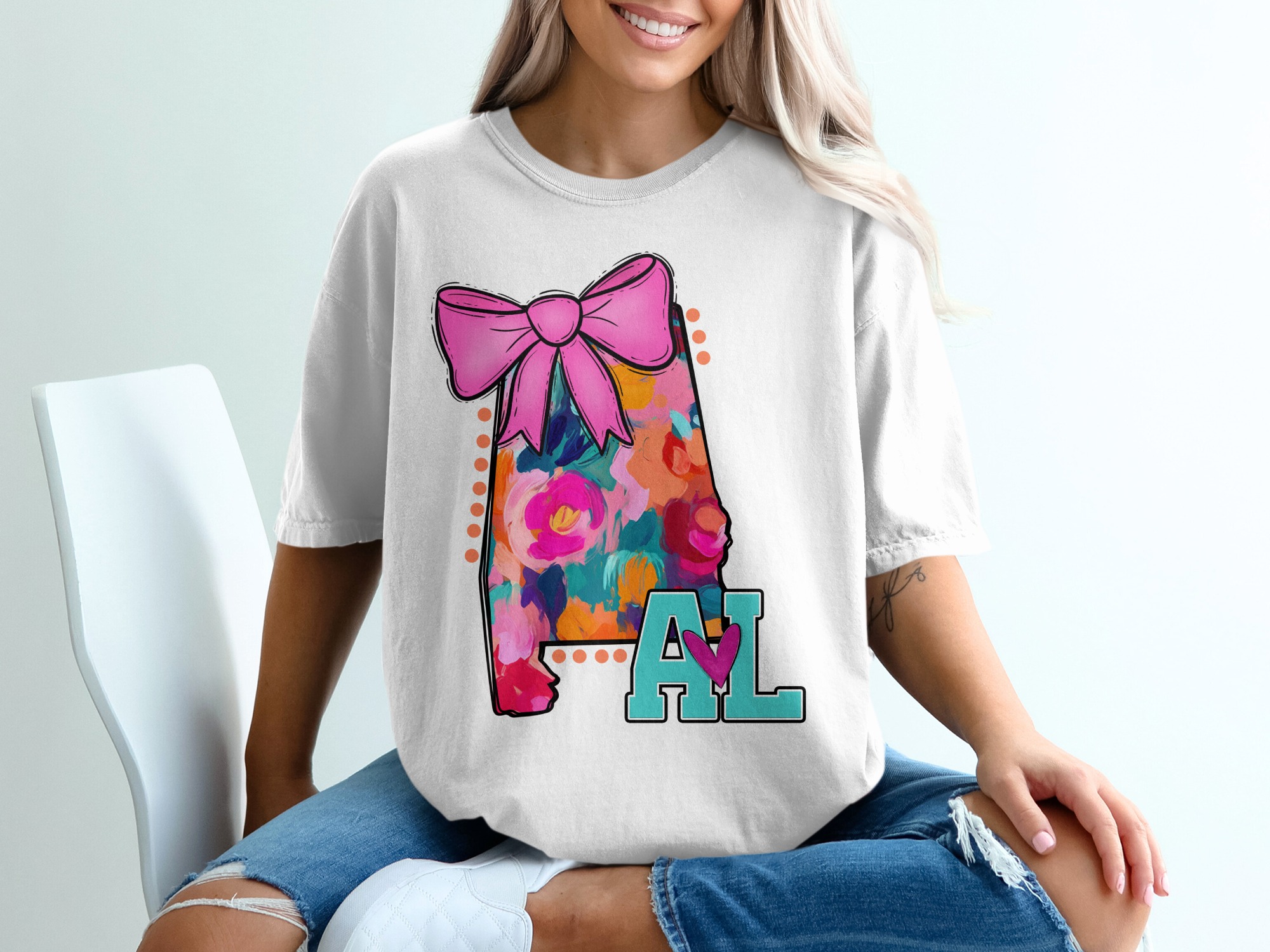Alabama T-Shirt, Floral State Art, Bow Design Shirt, Southern Pride Tee, Alabama Gift Idea, State Pride Shirt, Colorful Alabama Shirt