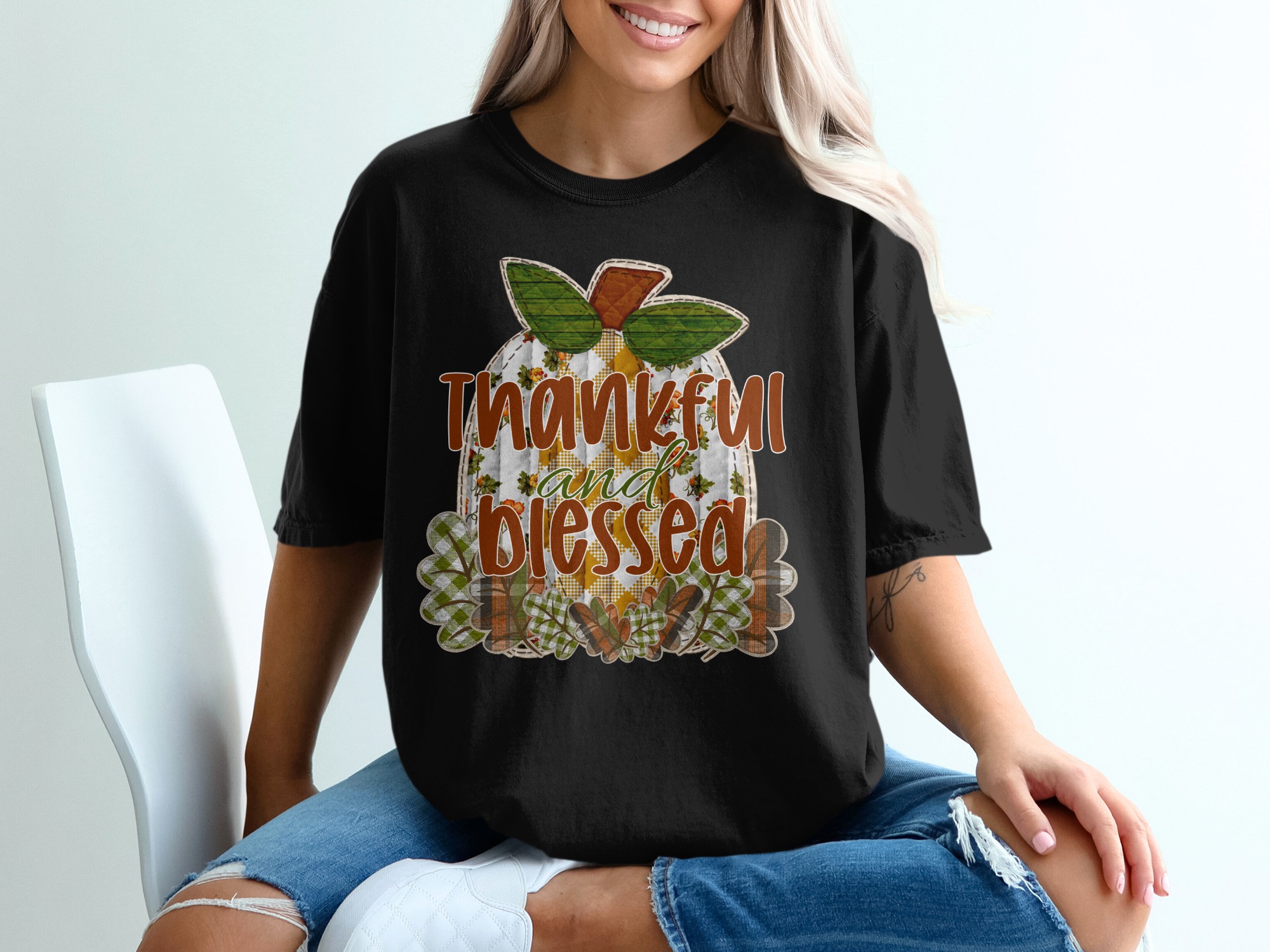 Thankful and Blessed T-Shirt, Fall Pumpkin Tee, Autumn Harvest Shirt, Thanksgiving Outfit, Seasonal Gift, Holiday Apparel - Image 2