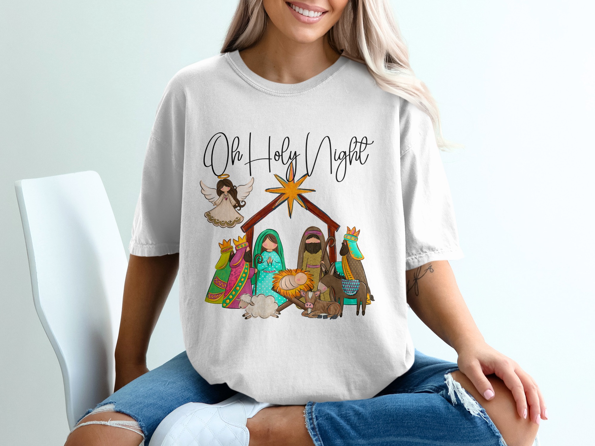 Oh Holy Night T-Shirt, Nativity Scene Tee, Christmas T-Shirt, Christian Gift, Religious Shirt, Holiday Apparel, Jesus Christ Shirt