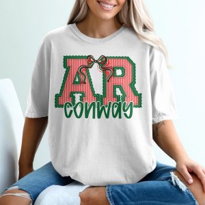 PERSONALIZED Arkansas Conway T-Shirt, AR Stitched Applique Design, Festive Holiday Bow, Red Green White Stripes T-Shirt