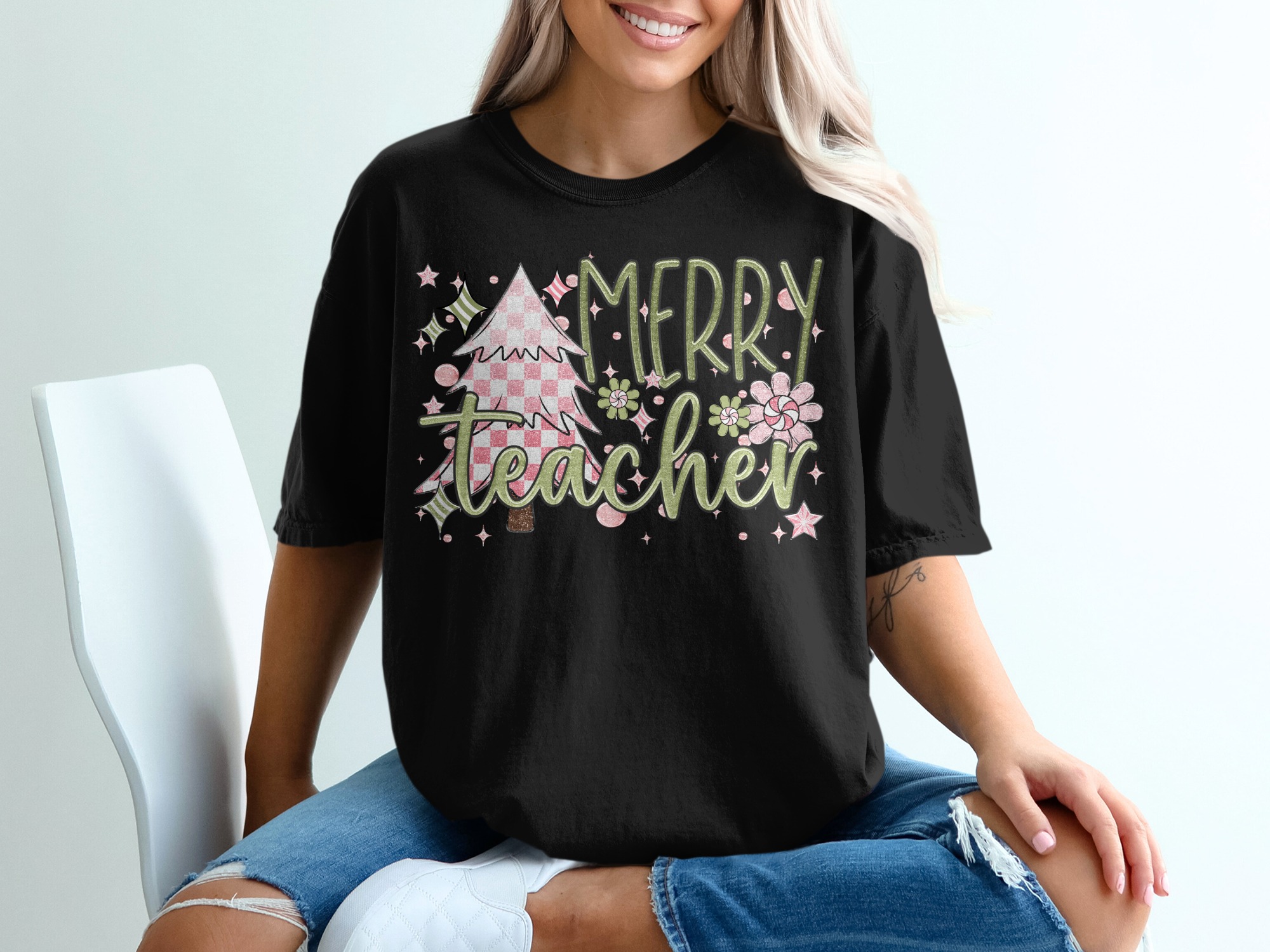 Merry Teacher T-Shirt, Christmas Tree Shirt, Teacher Christmas Gift, Holiday T Shirt, Teacher Tee, Gift for Teachers, Cute Holiday Shirt - Image 2