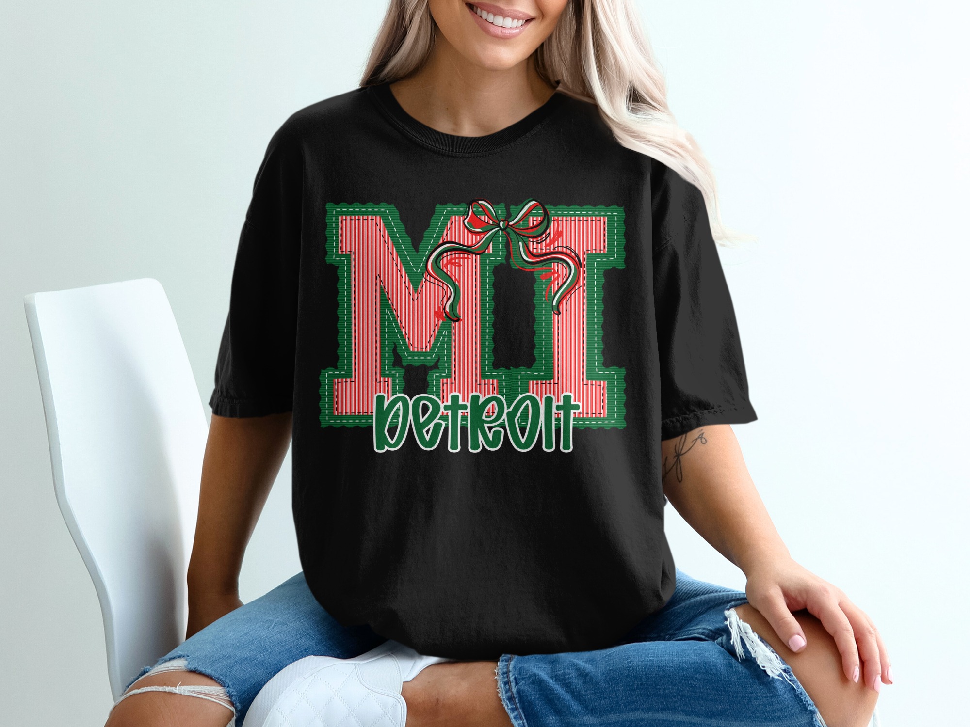 PERSONALIZED Michigan Detroit T-Shirt, Custom MI Applique Tee, Festive Christmas City Pride Top, Holiday Striped Bow Shirt, Unique Quilted - Image 2