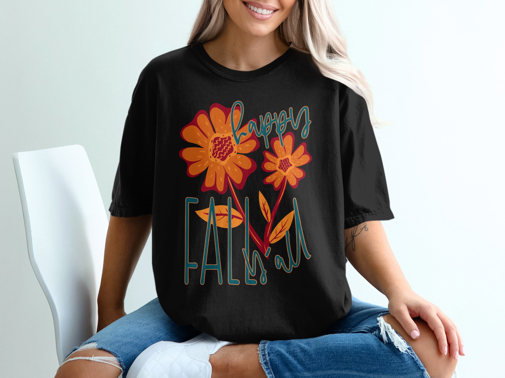 Happy Fall Yall T-Shirt, Autumn Flowers Tee, Thanksgiving Shirt, Seasonal Shirt, Floral Design Shirt, Gift for Fall Lovers - Image 2