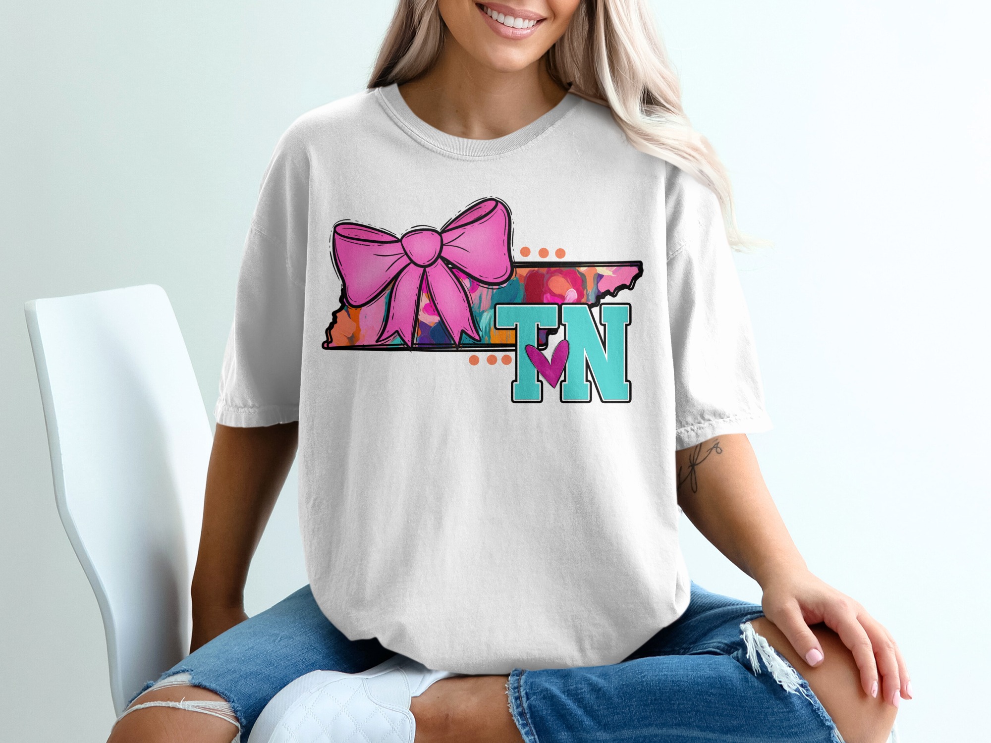 Tennessee T Shirt, TN State Tee, Pink Bow, Heart TN Gift, Colorful TN T-Shirt, Southern Pride Shirt, Cute Tennessee Outfit