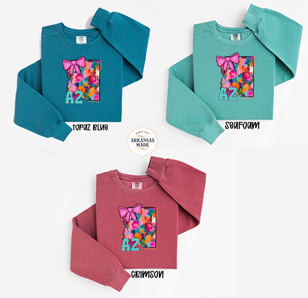 Arizona Floral Sweatshirt, State Pride, Pink Bow, AZ Heart, Cute USA Sweatshirt, Colorful Pattern, Southwest Apparel, State Gift - Image 2