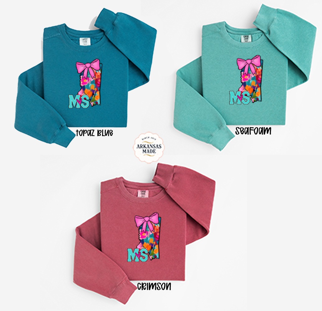 Mississippi State Pride Sweatshirt, Floral Design Sweatshirt, Pink Bow Sweatshirt, State Love Sweatshirt, Southern Charm Sweatshirt - Image 2