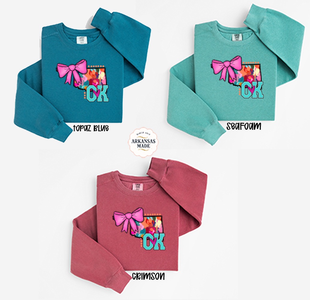 Oklahoma Sweatshirt, OK State Bow Sweatshirt, Trendy Graphic Top, Colorful OK Sweatshirt, State Pride Shirt, Oklahoma Love Gift, OK Heart - Image 2